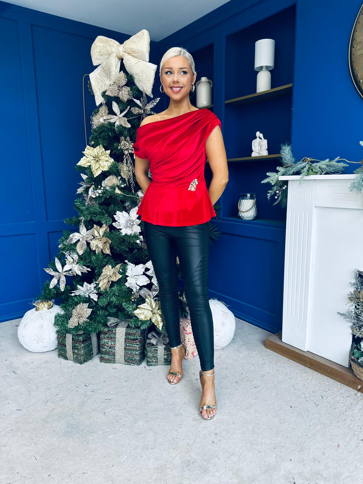 Edel Pleat & Brooch Detail Velvet Top Red