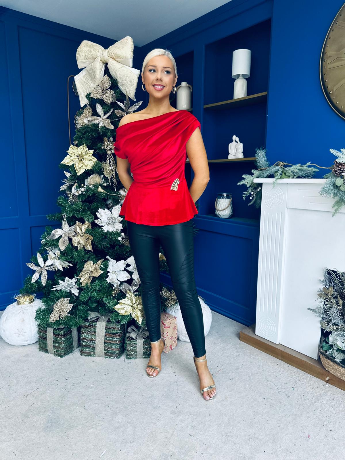 Edel Pleat & Brooch Detail Velvet Top Red