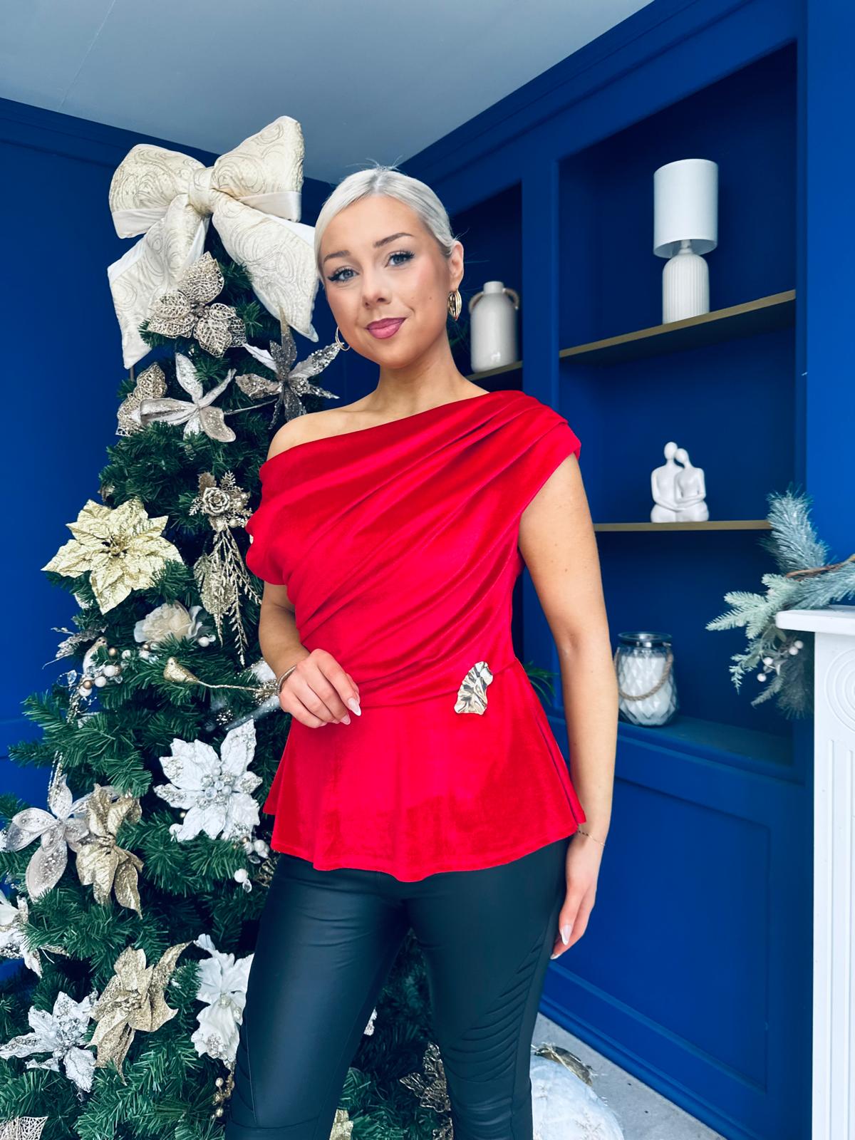 Edel Pleat & Brooch Detail Velvet Top Red