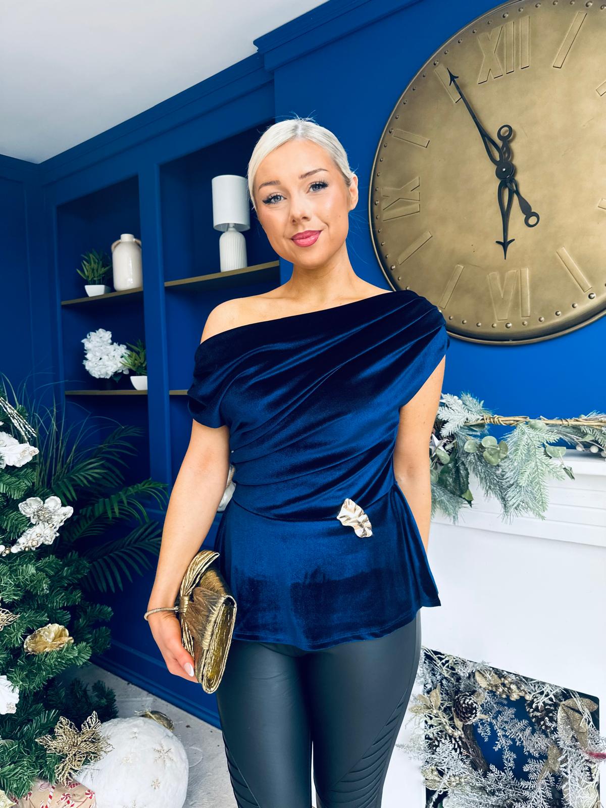 Edel Pleat & Brooch Detail Velvet Top Navy