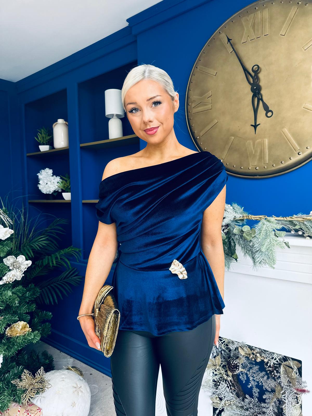 Edel Pleat & Brooch Detail Velvet Top Navy