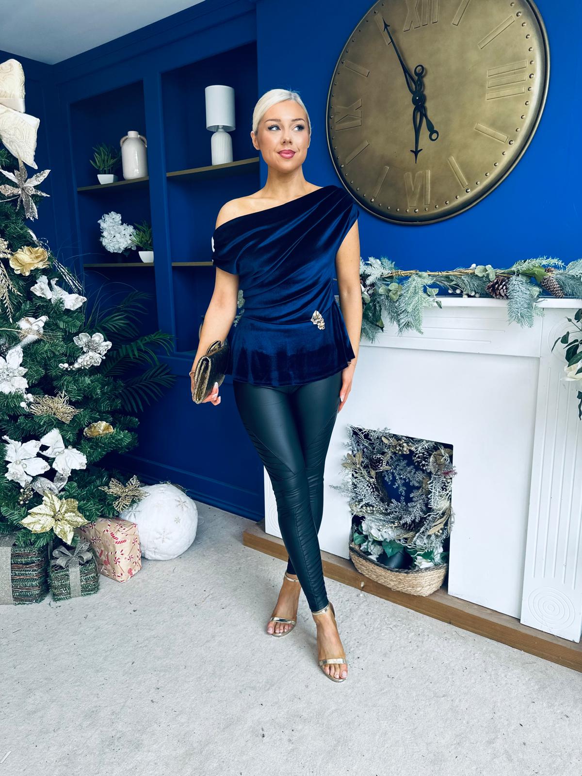 Edel Pleat & Brooch Detail Velvet Top Navy