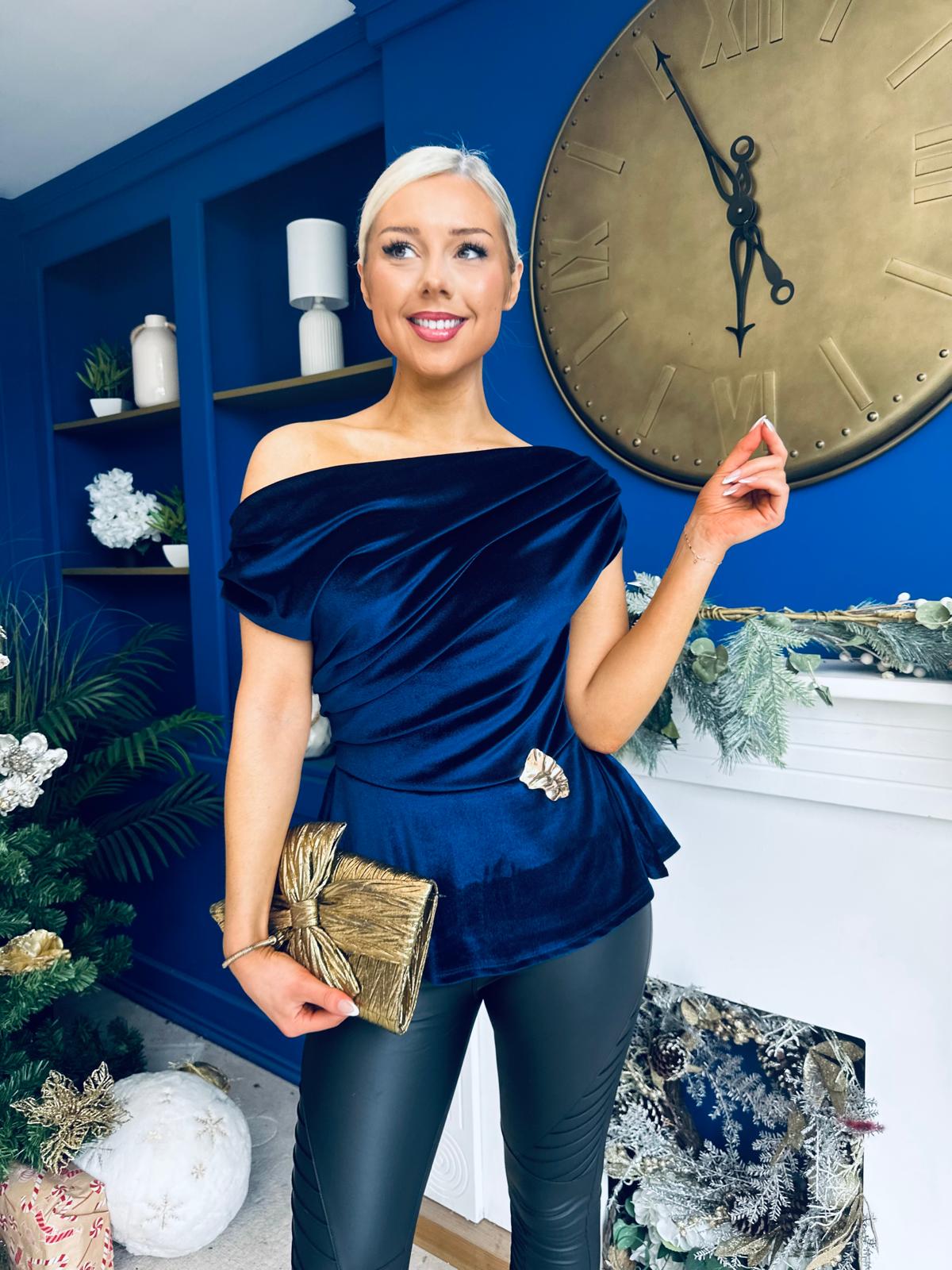 Edel Pleat & Brooch Detail Velvet Top Navy