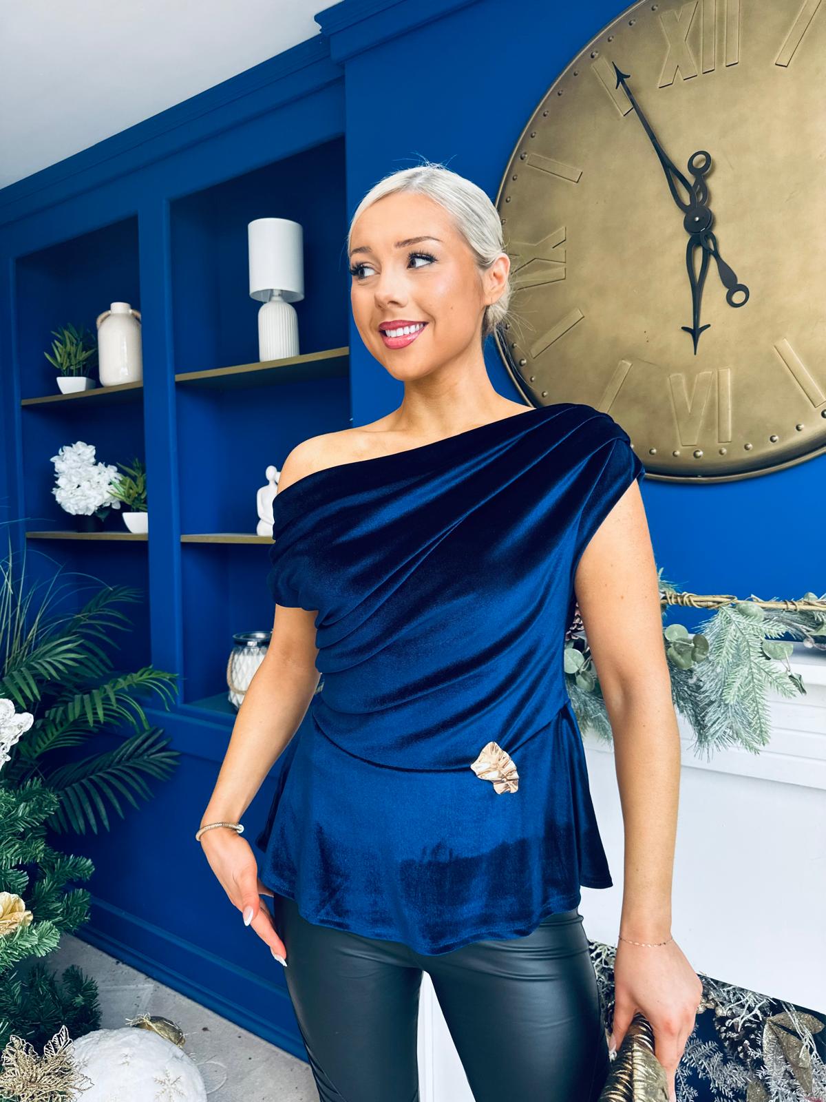 Edel Pleat & Brooch Detail Velvet Top Navy