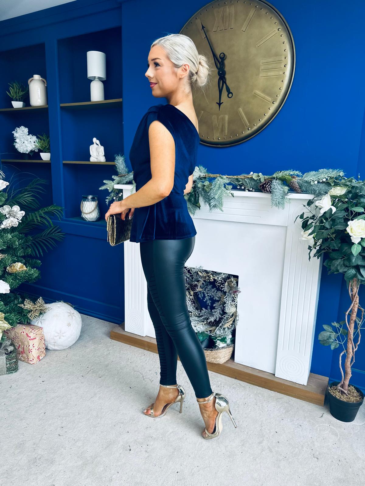 Edel Pleat & Brooch Detail Velvet Top Navy