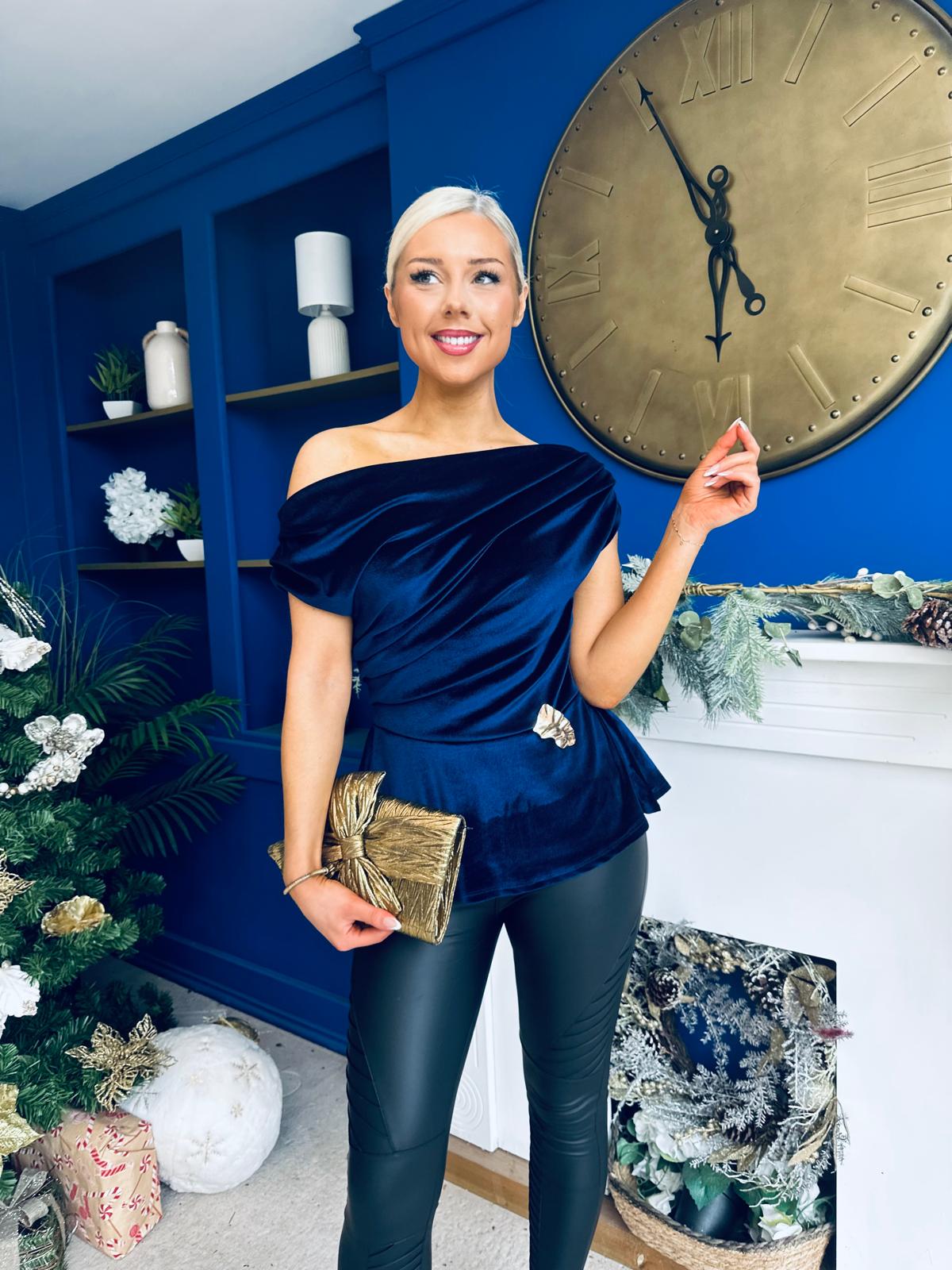 Edel Pleat & Brooch Detail Velvet Top Navy