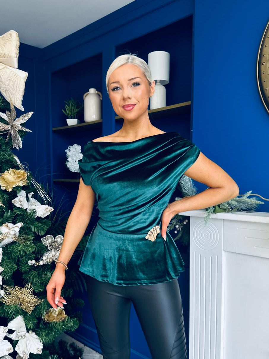 Edel Pleat & Brooch Detail Velvet Top Forest