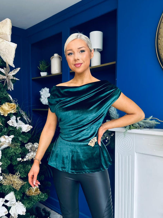 Edel Pleat & Brooch Detail Velvet Top Forest