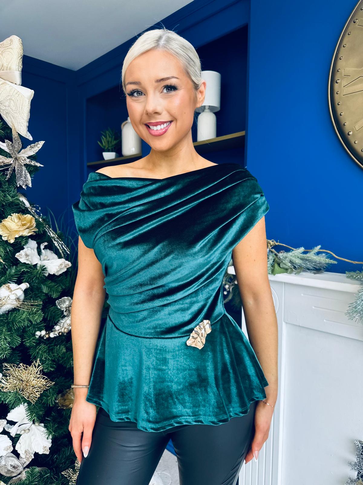 Edel Pleat & Brooch Detail Velvet Top Forest