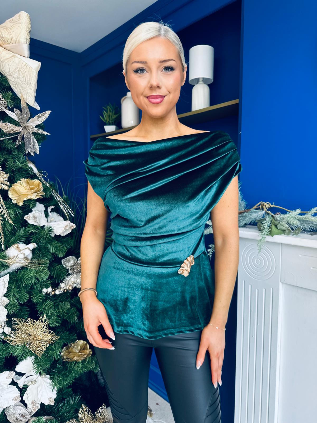 Edel Pleat & Brooch Detail Velvet Top Forest