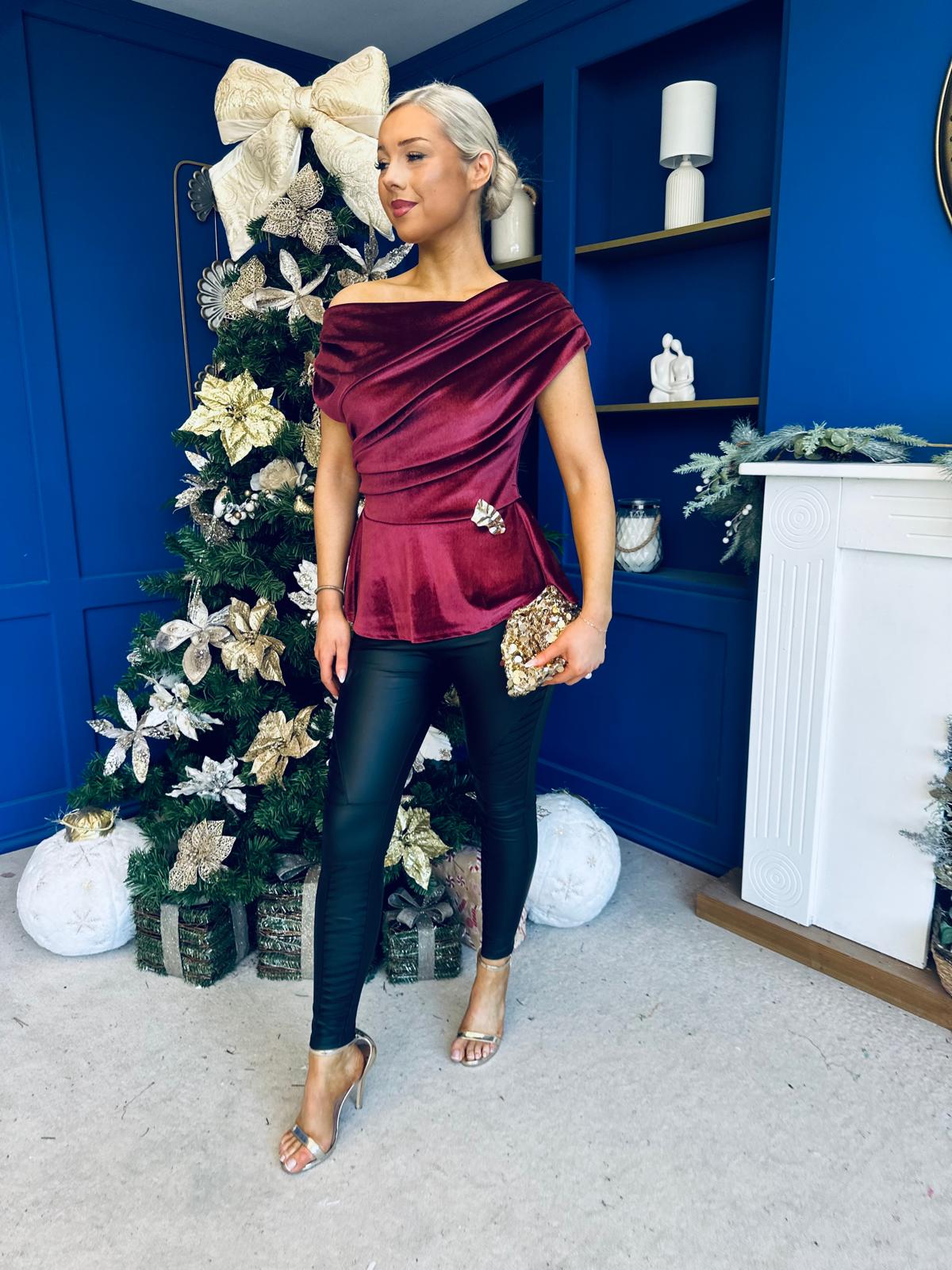 Edel Pleat & Brooch Detail Velvet Top Wine
