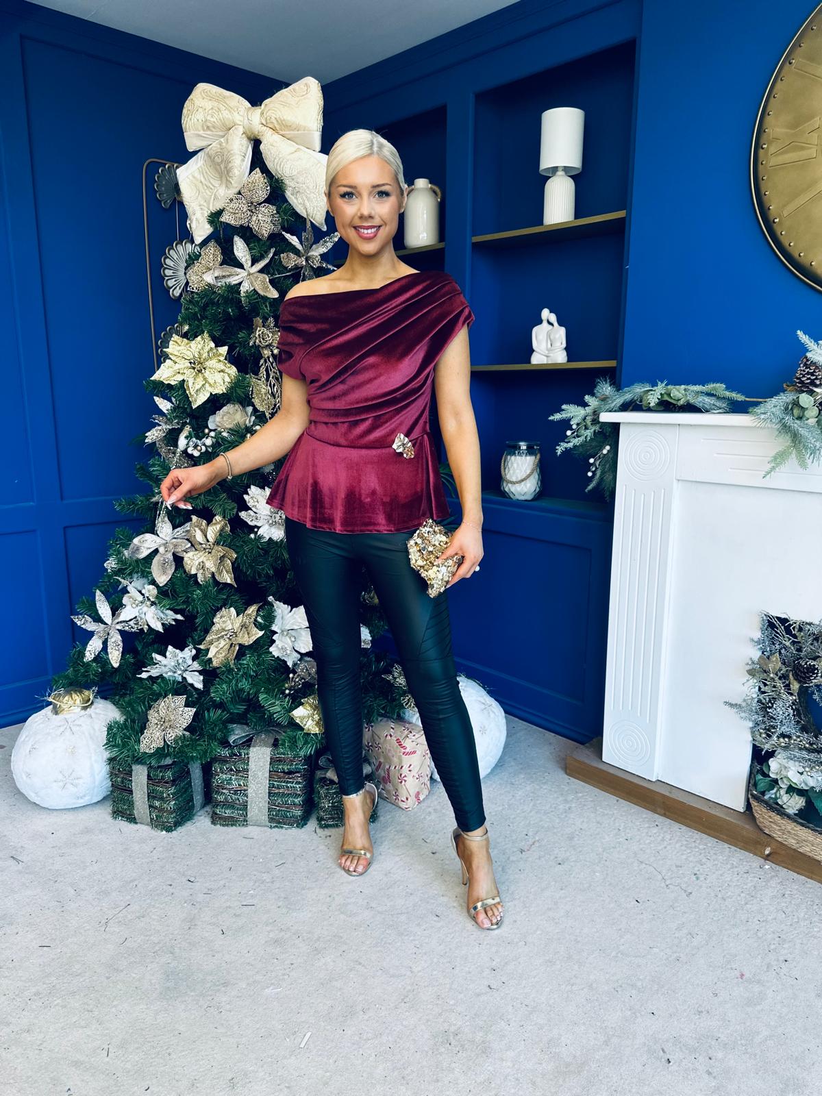 Edel Pleat & Brooch Detail Velvet Top Wine