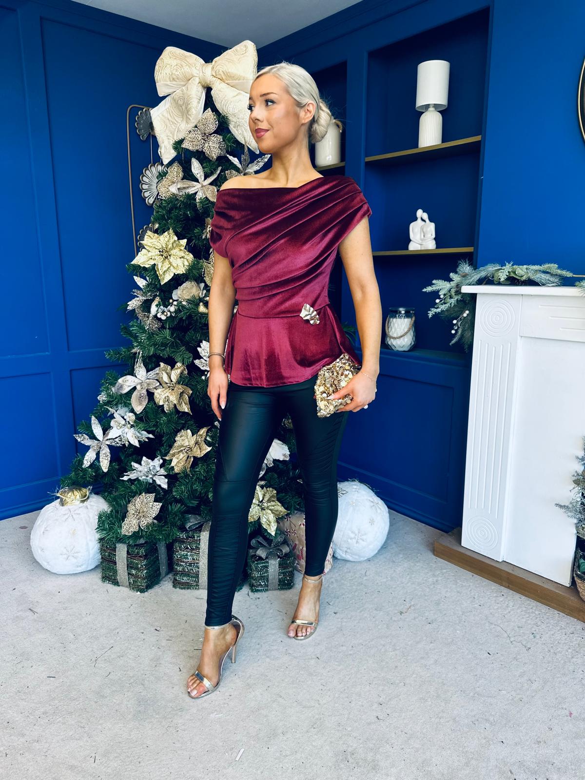 Edel Pleat & Brooch Detail Velvet Top Wine