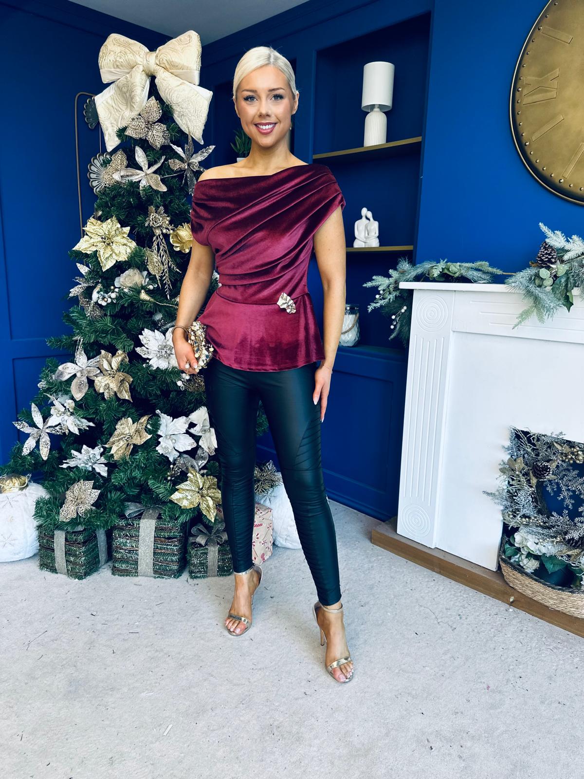 Edel Pleat & Brooch Detail Velvet Top Wine