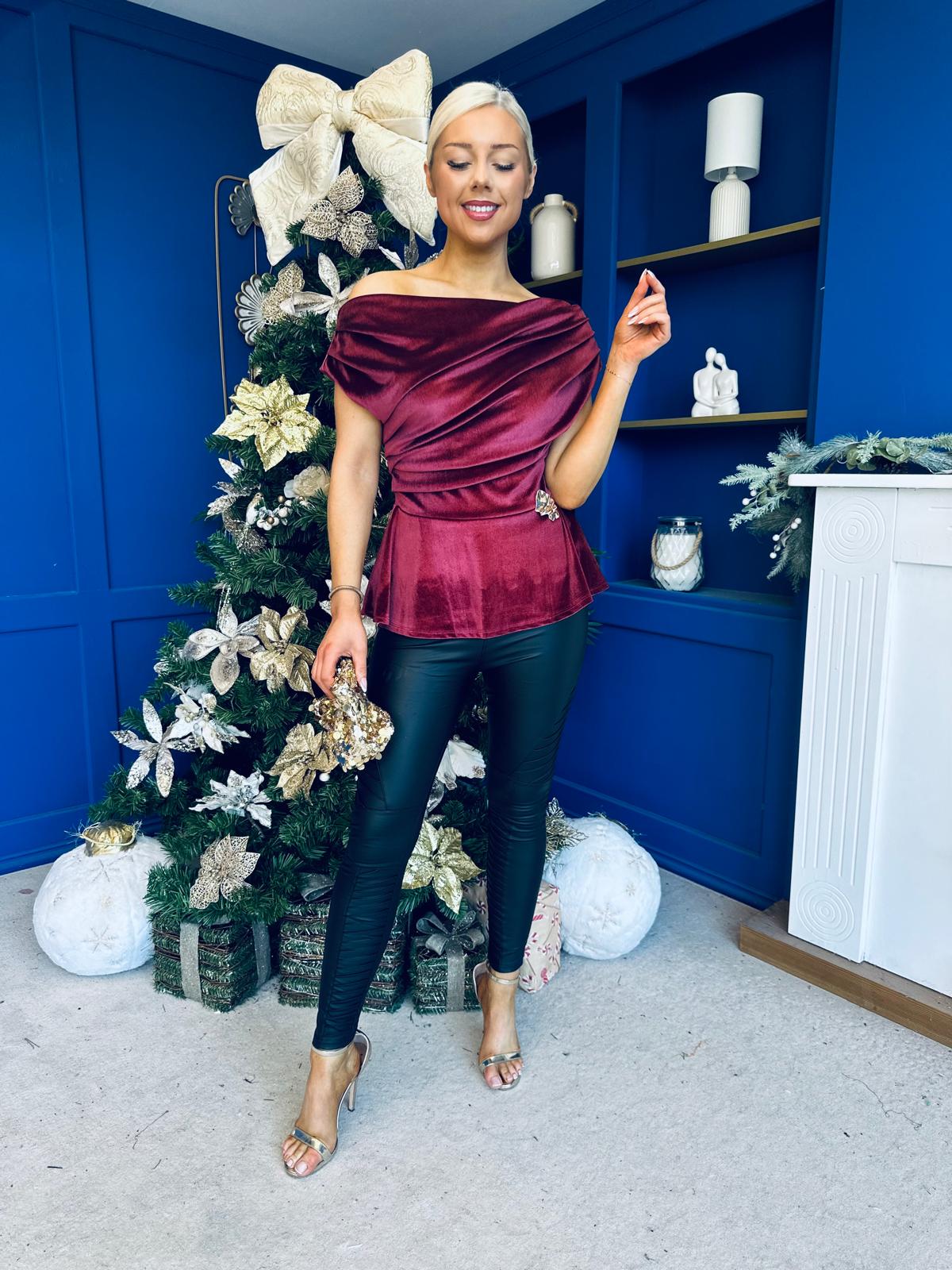 Edel Pleat & Brooch Detail Velvet Top Wine