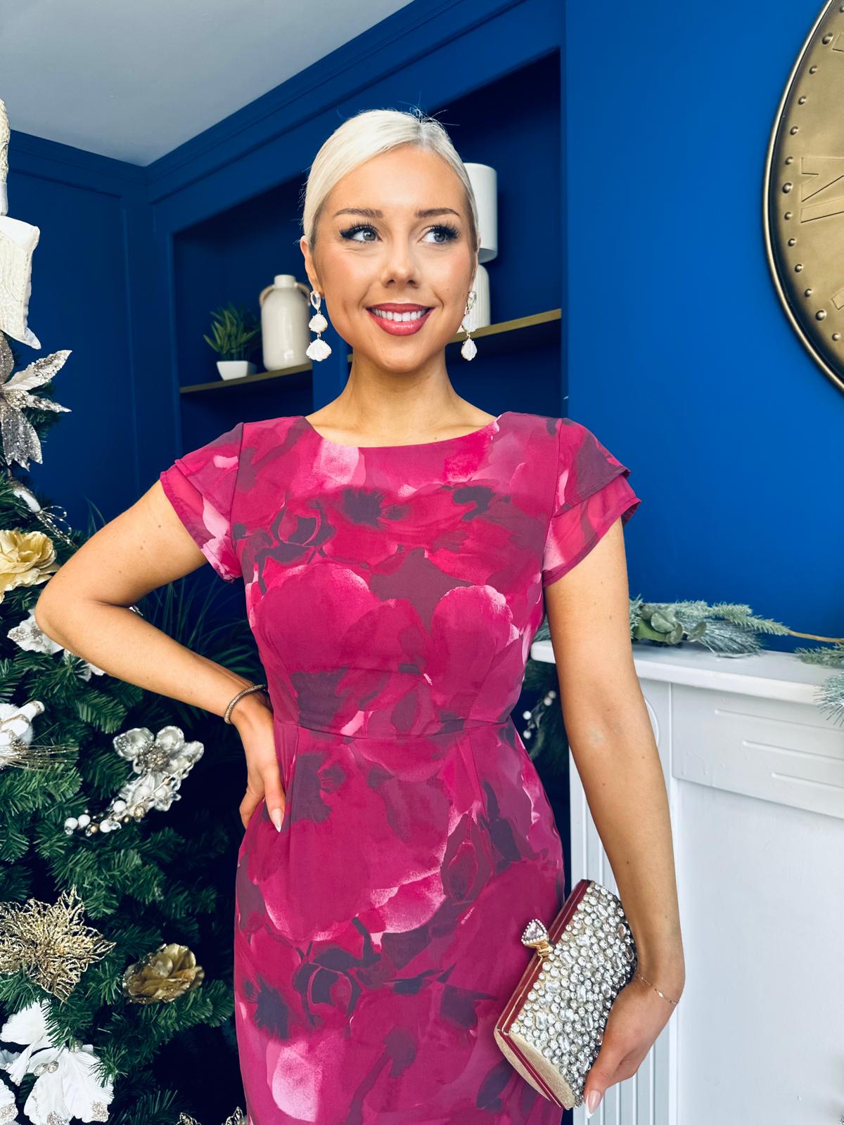 Roxy Boat Neck Frill Detail Midi Floral Ruby