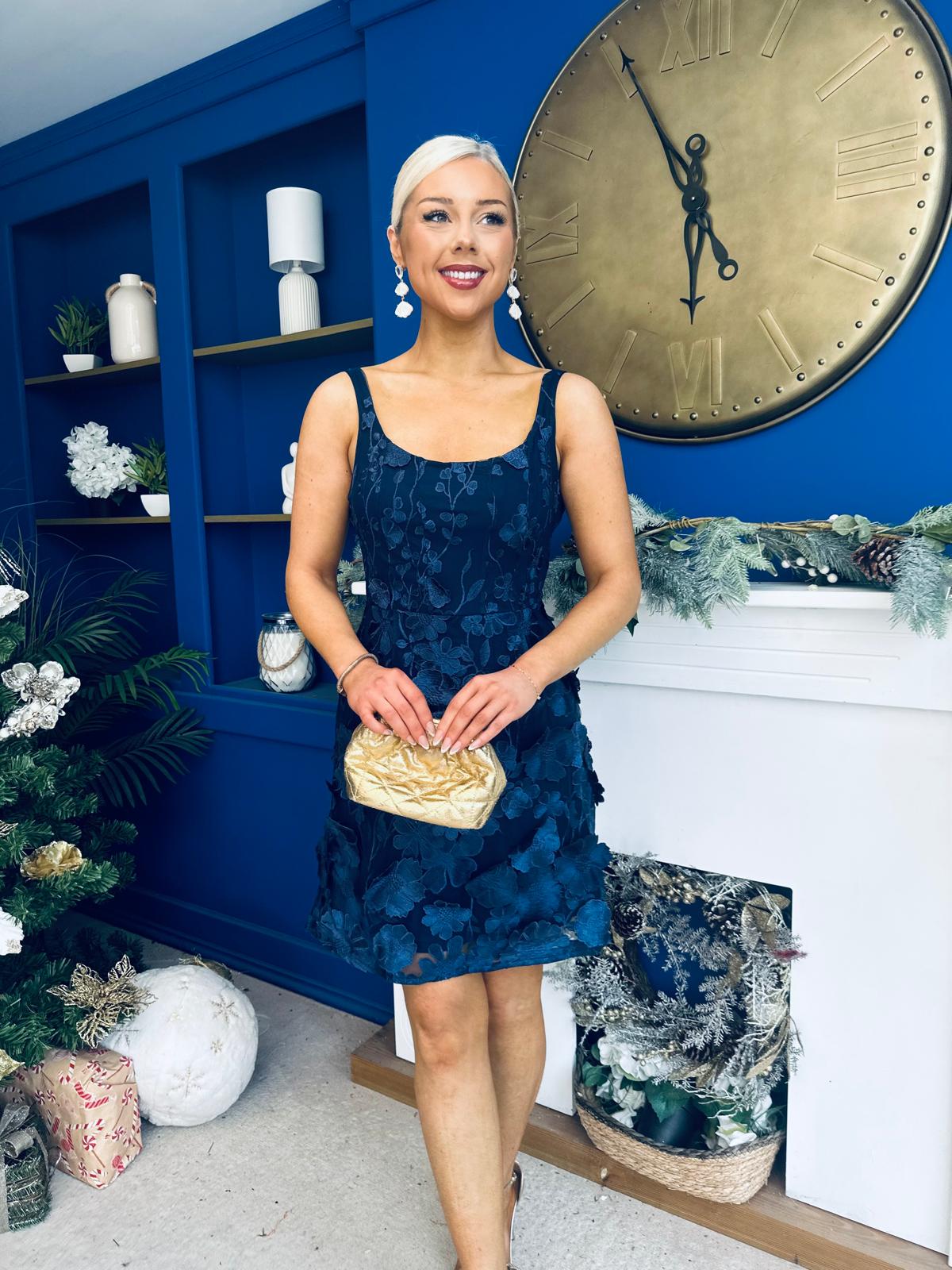 Celeste 3D Floral Square Neck Mini Dress Navy