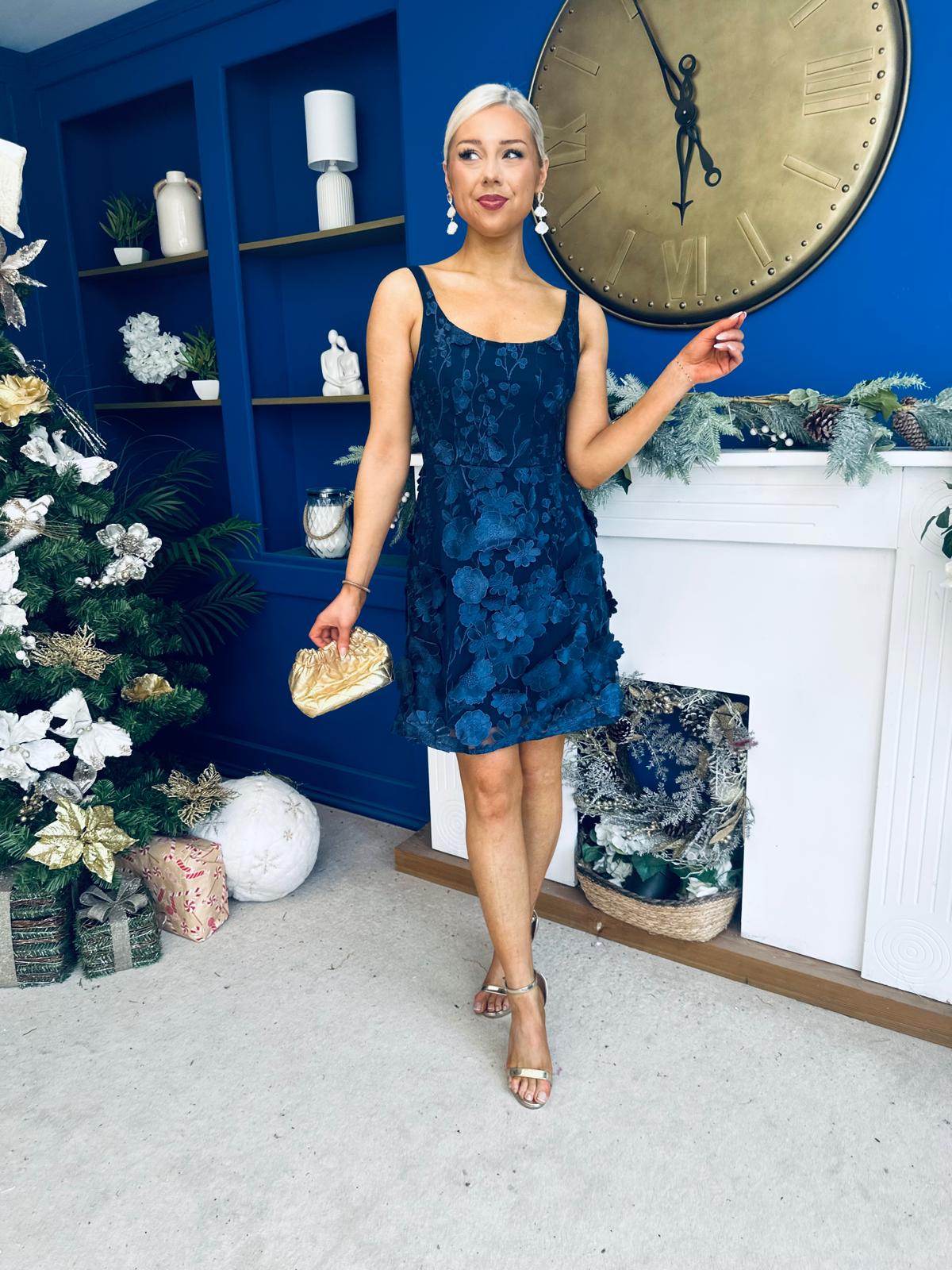 Celeste 3D Floral Square Neck Mini Dress Navy