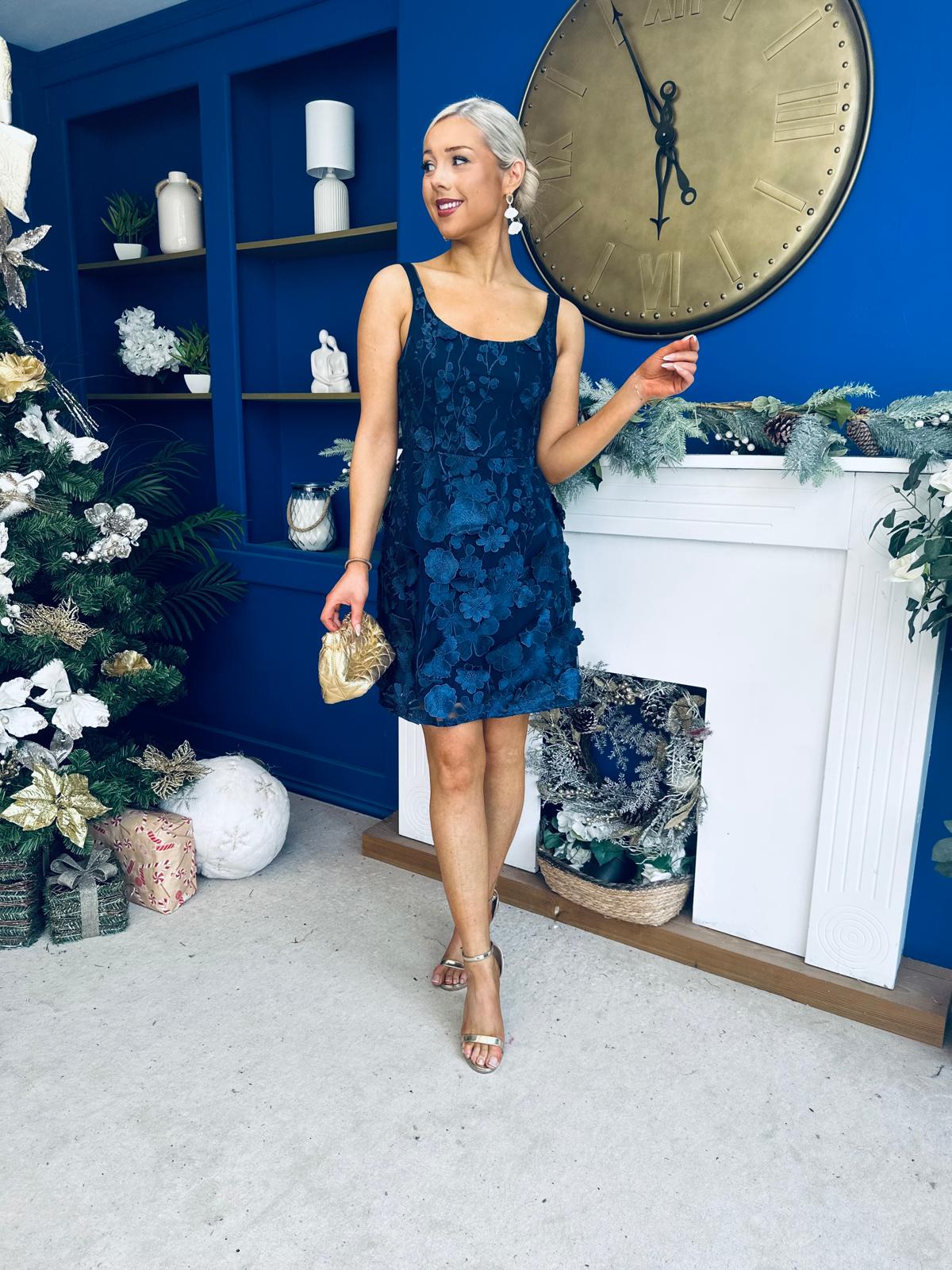 Celeste 3D Floral Square Neck Mini Dress Navy