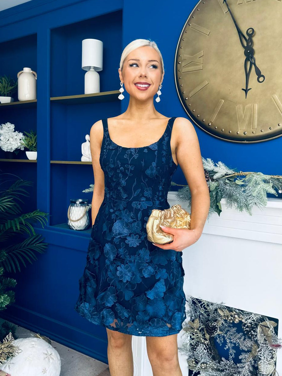 Celeste 3D Floral Square Neck Mini Dress Navy
