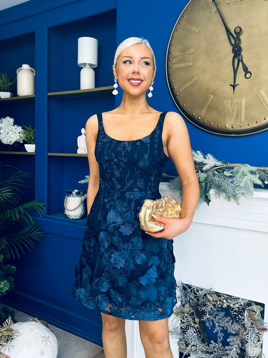 Celeste 3D Floral Square Neck Mini Dress Navy