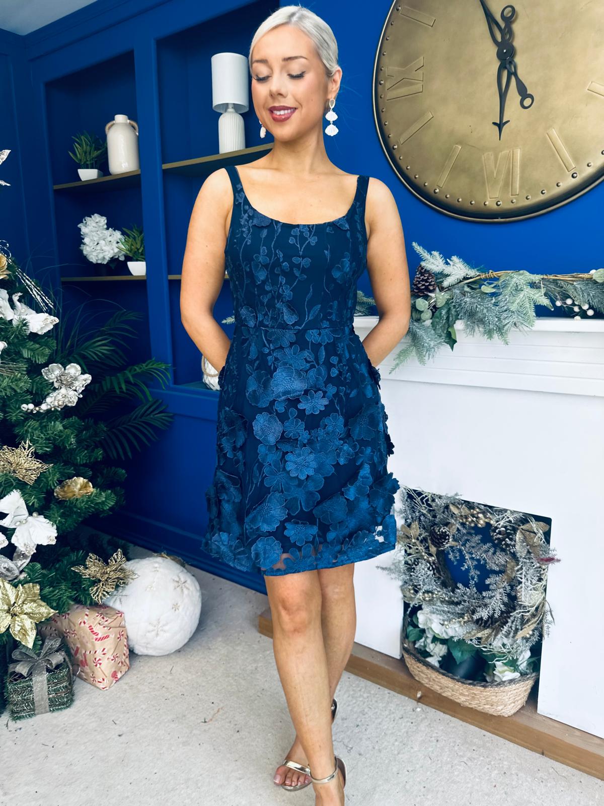 Celeste 3D Floral Square Neck Mini Dress Navy