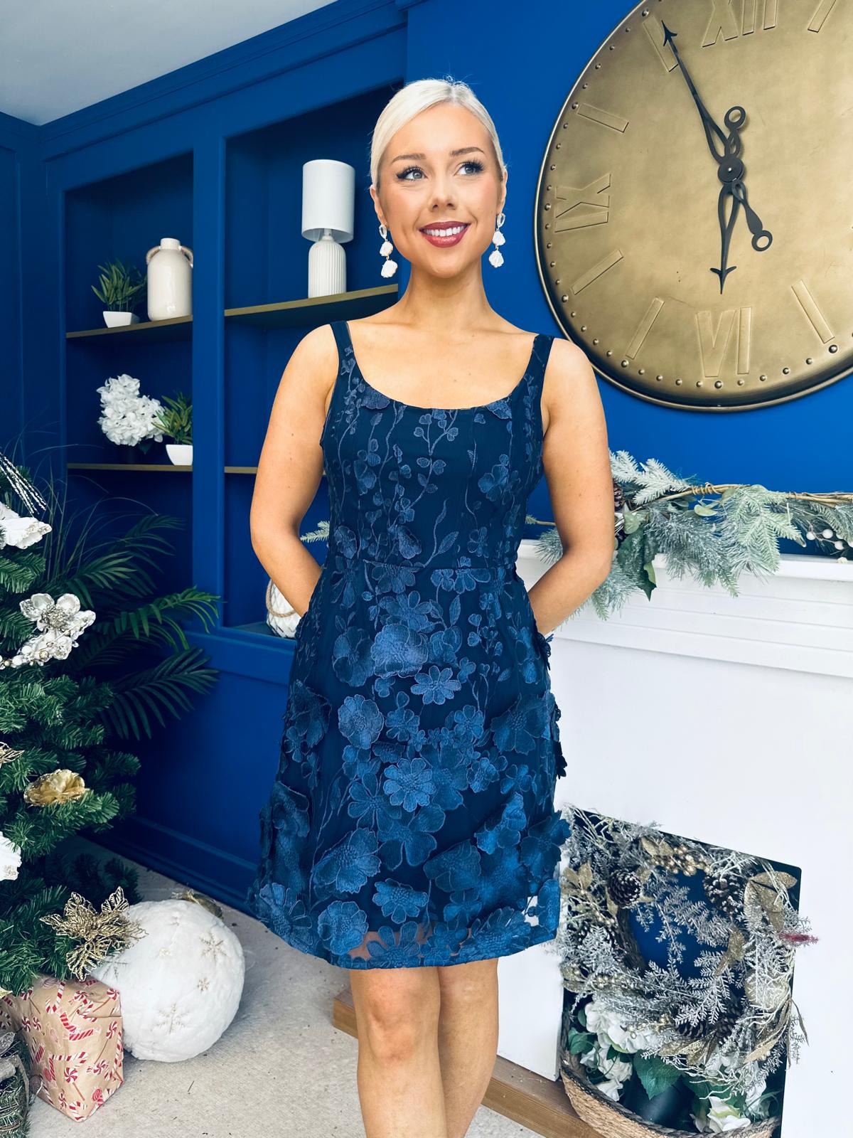 Celeste 3D Floral Square Neck Mini Dress Navy