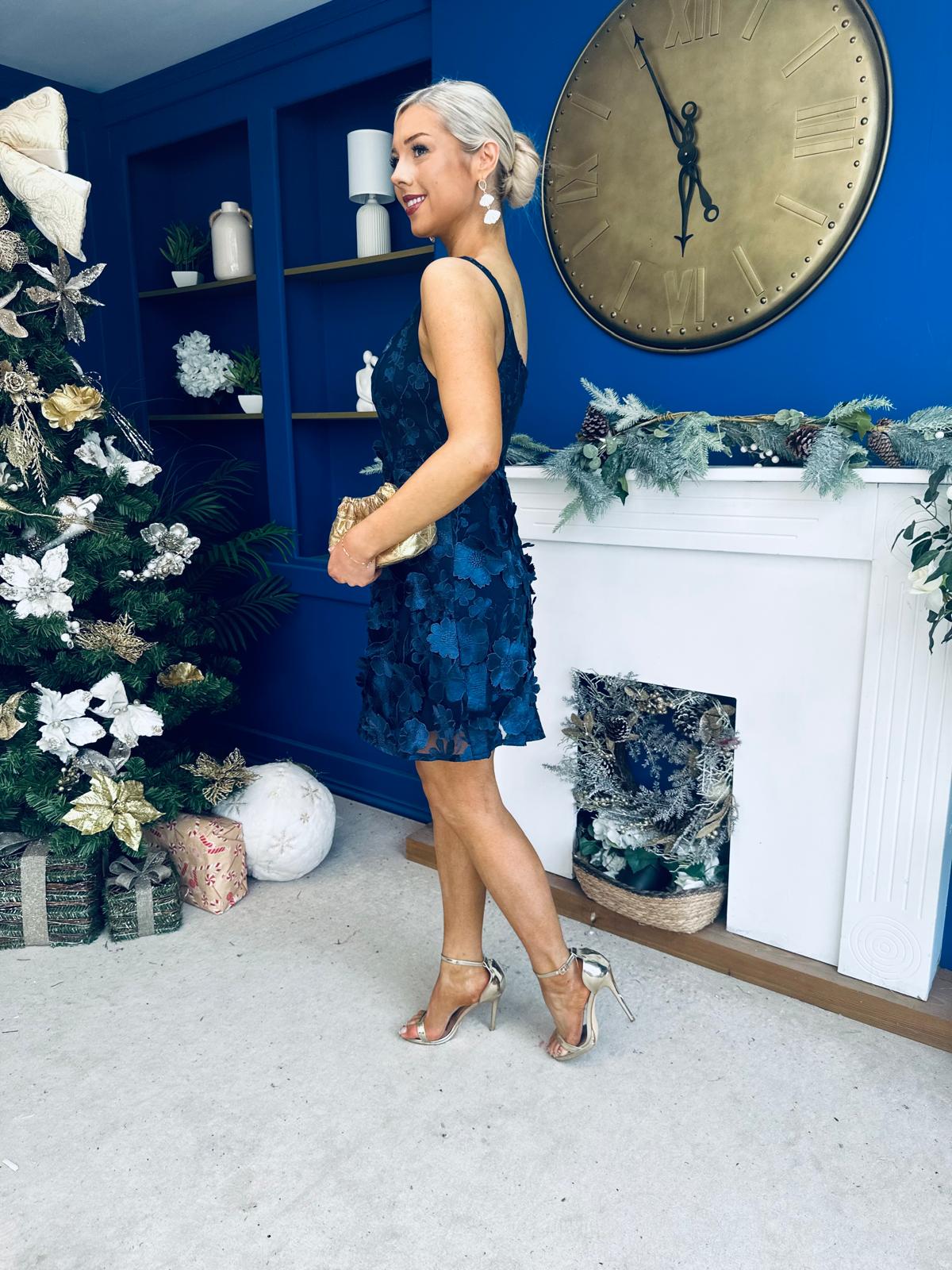 Celeste 3D Floral Square Neck Mini Dress Navy