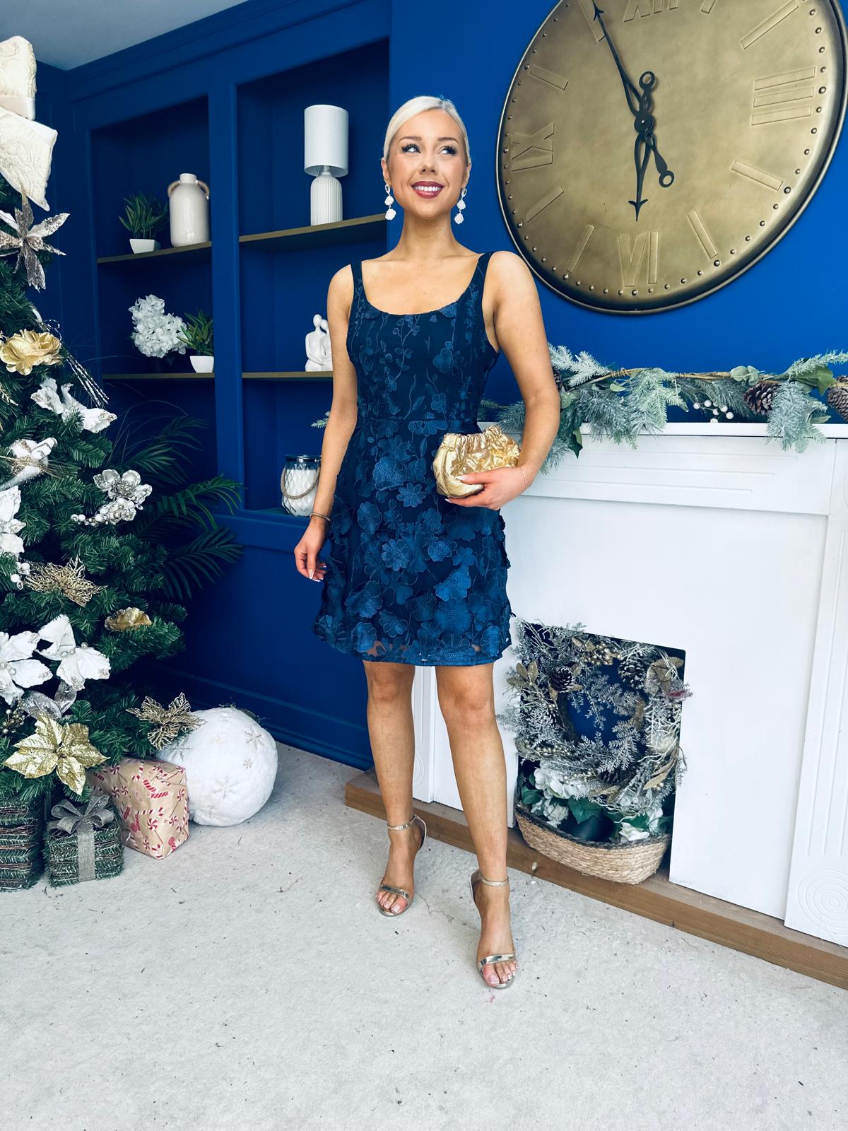 Celeste 3D Floral Square Neck Mini Dress Navy