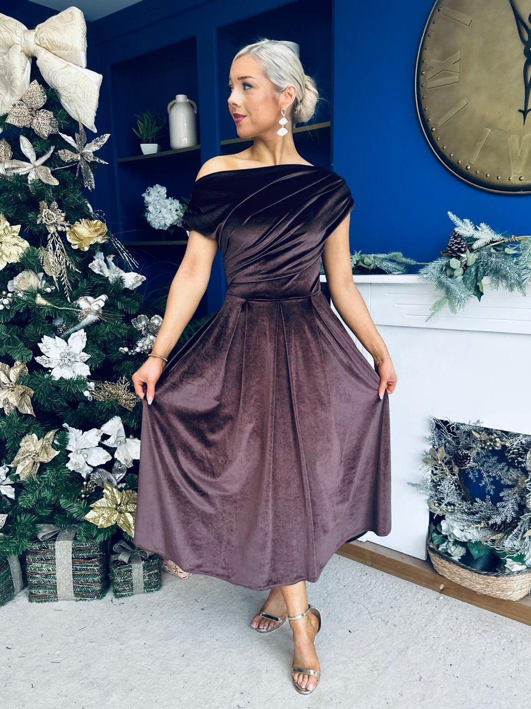 Breffy Asymmetric Neckline Skater Midi Coco Velvet