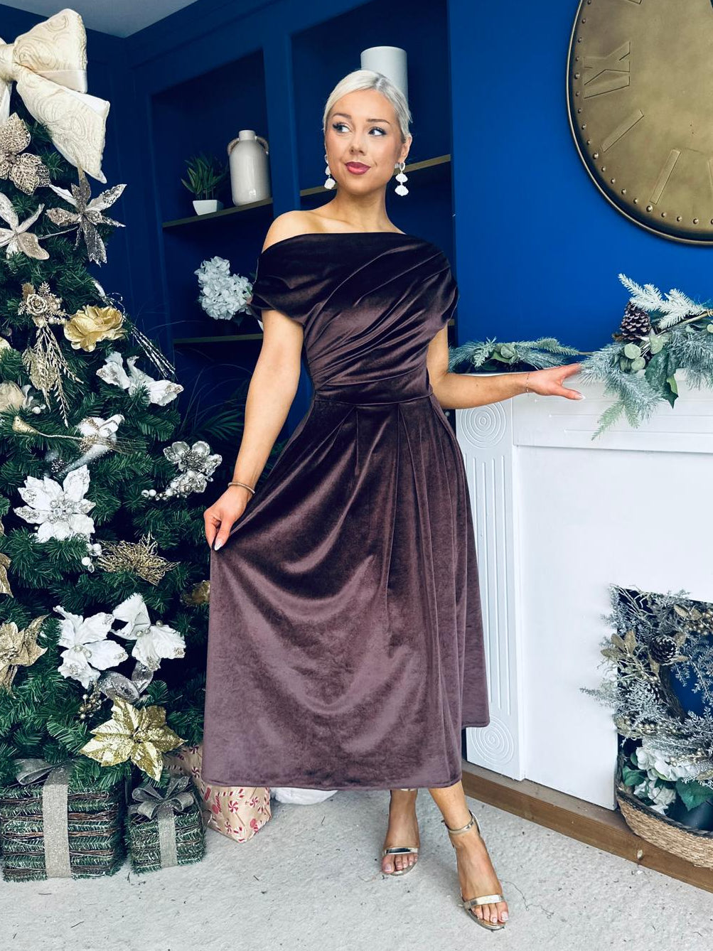 Breffy Asymmetric Neckline Skater Midi Coco Velvet
