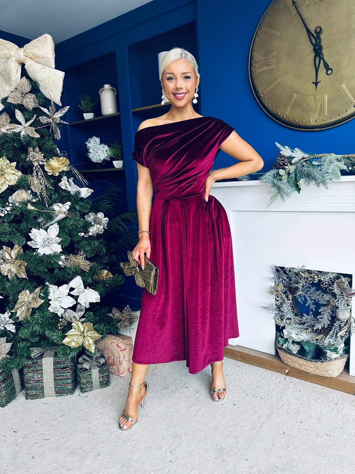 Breffy Asymmetric Neckline Skater Midi Wine Velvet