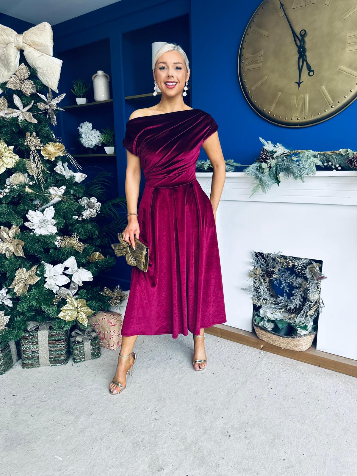 Breffy Asymmetric Neckline Skater Midi Wine Velvet