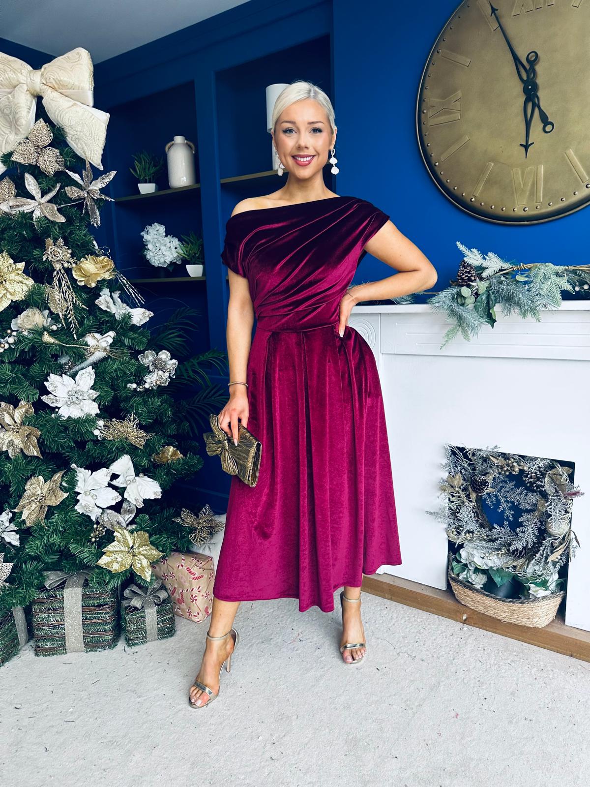 Breffy Asymmetric Neckline Skater Midi Wine Velvet