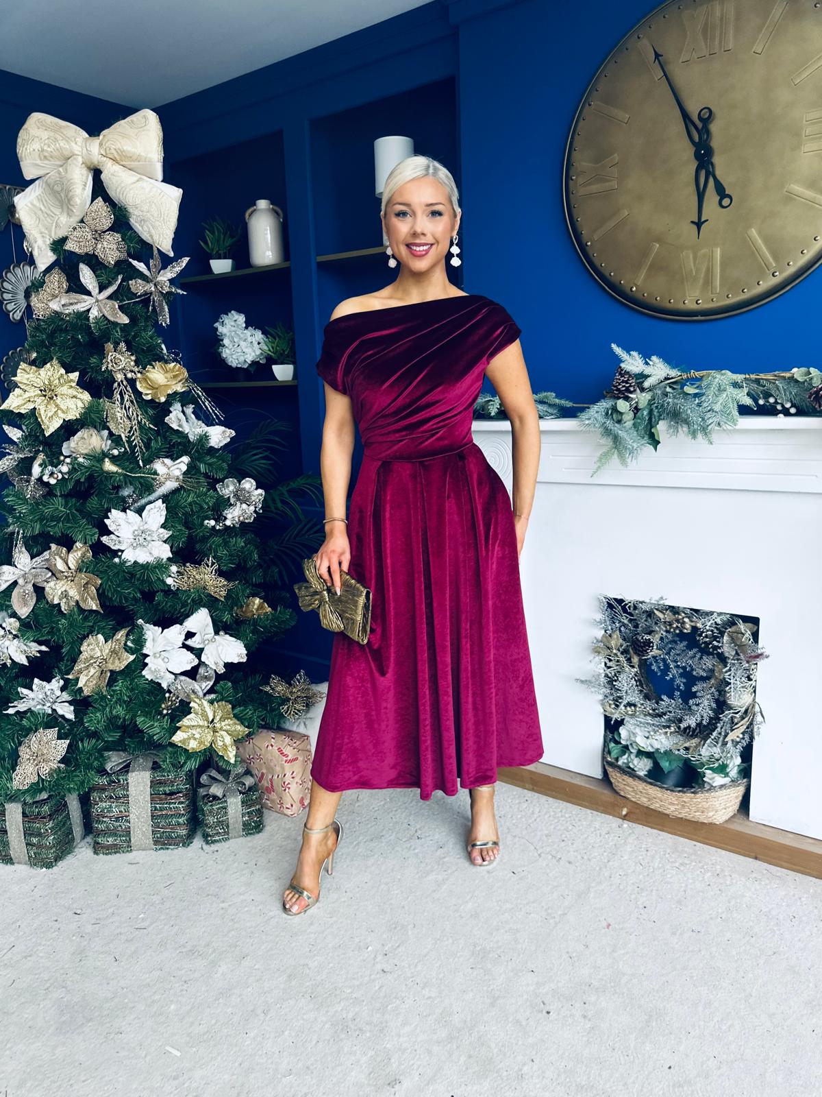 Breffy Asymmetric Neckline Skater Midi Wine Velvet
