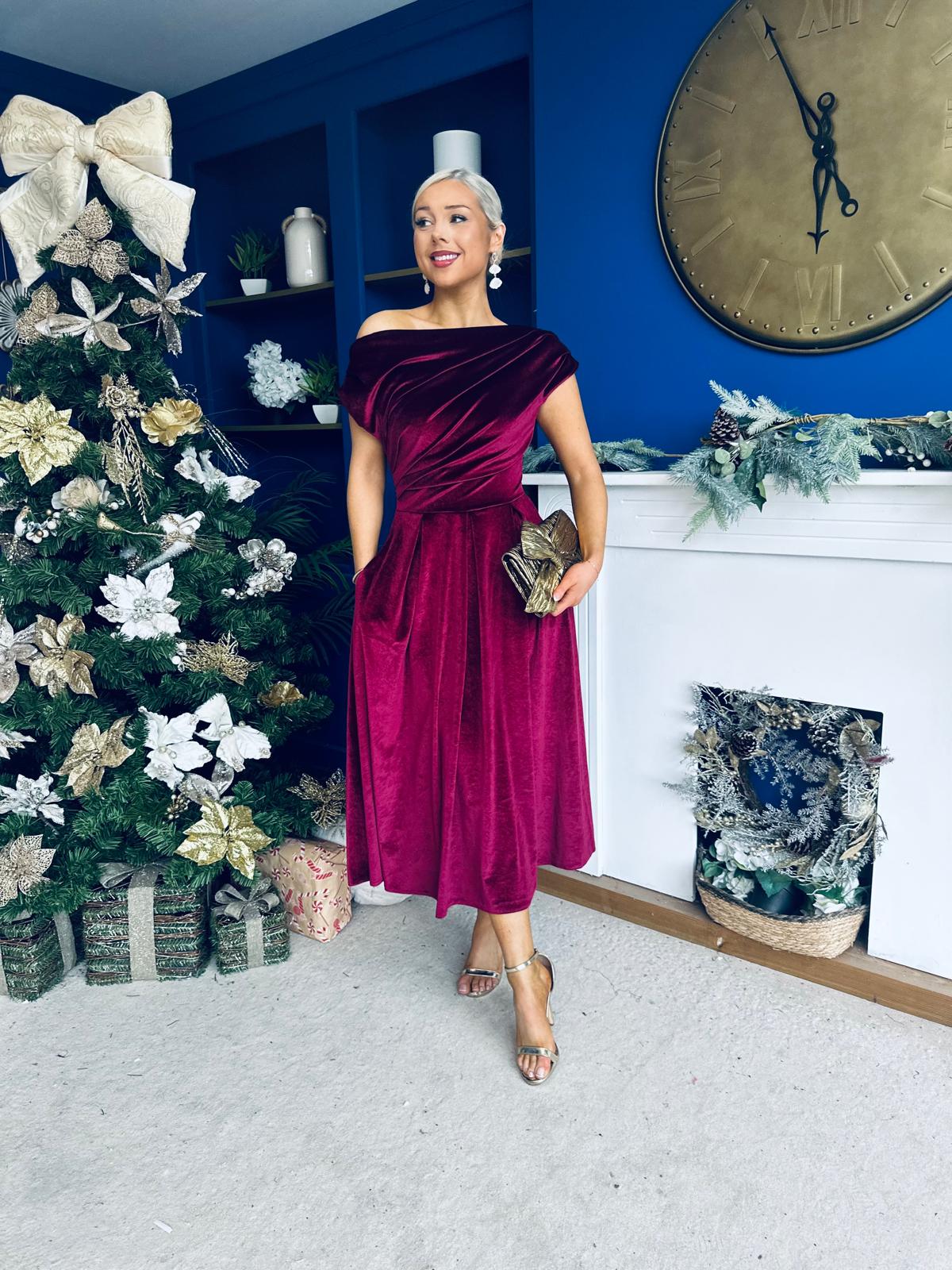 Breffy Asymmetric Neckline Skater Midi Wine Velvet