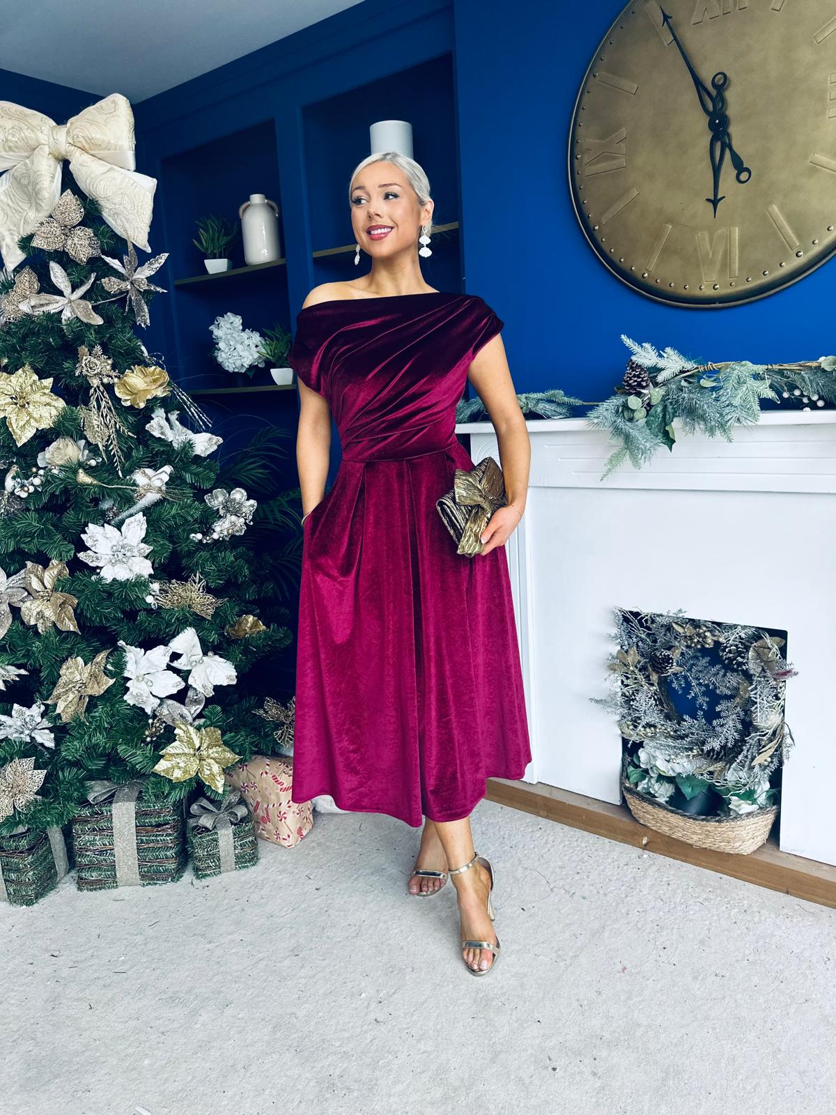 Breffy Asymmetric Neckline Skater Midi Wine Velvet