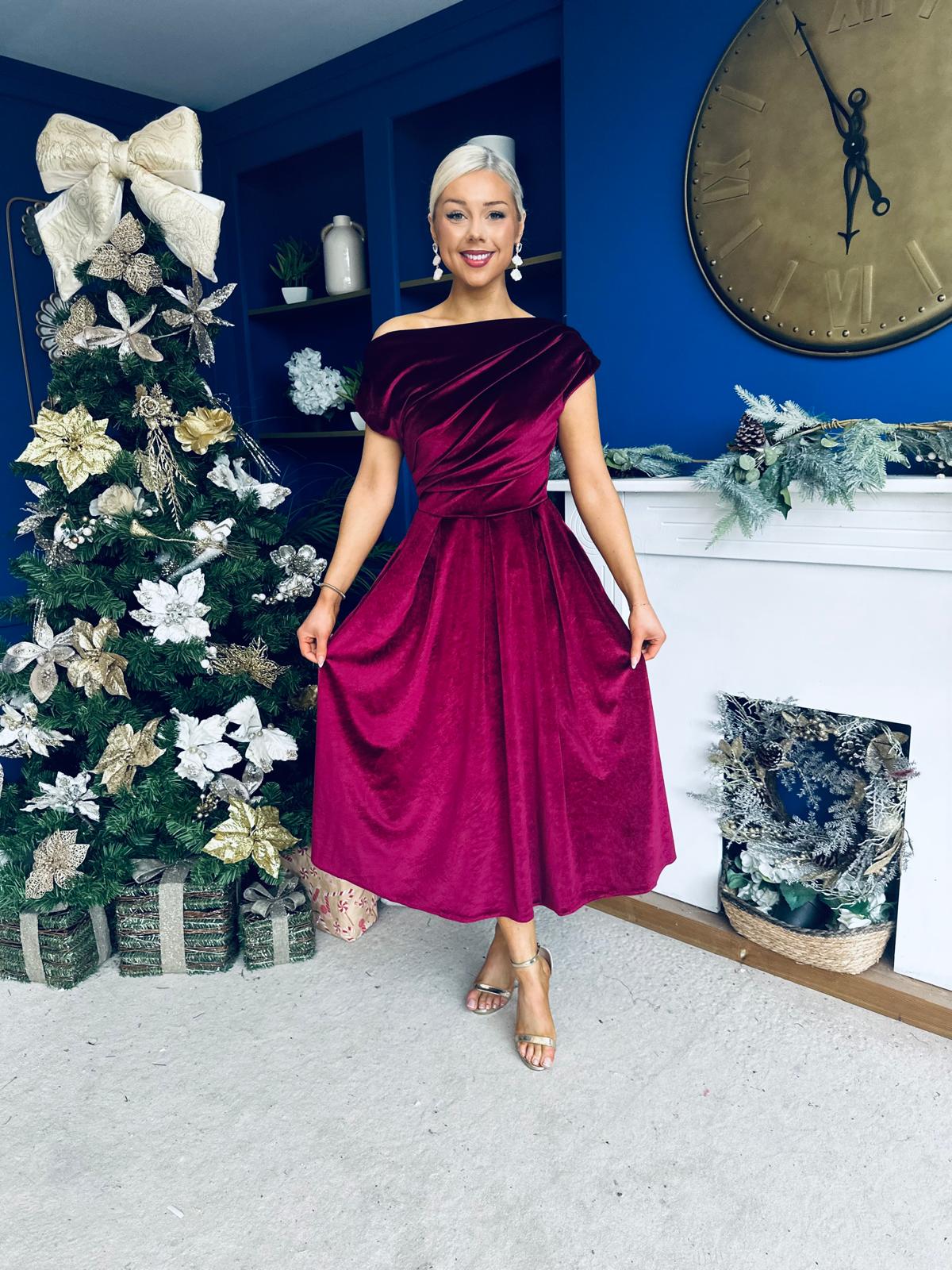 Breffy Asymmetric Neckline Skater Midi Wine Velvet