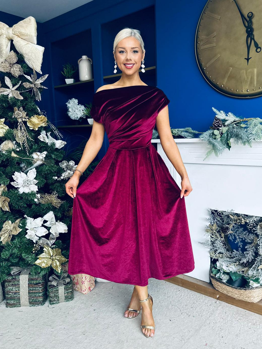 Breffy Asymmetric Neckline Skater Midi Wine Velvet