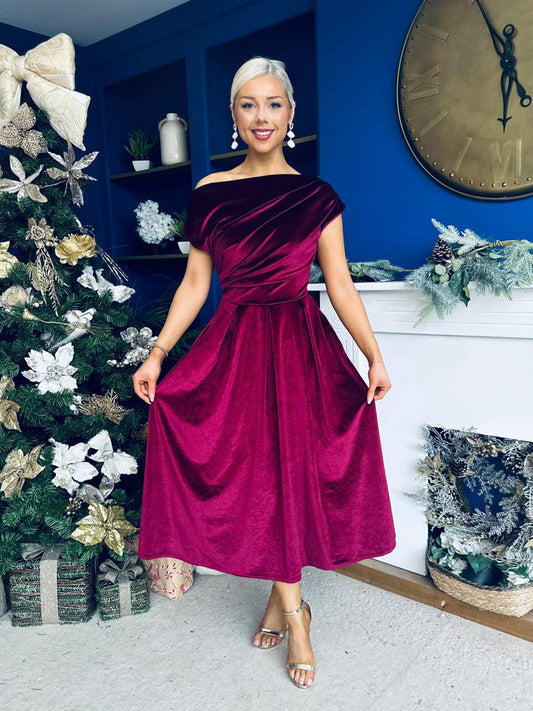 Breffy Asymmetric Neckline Skater Midi Wine Velvet