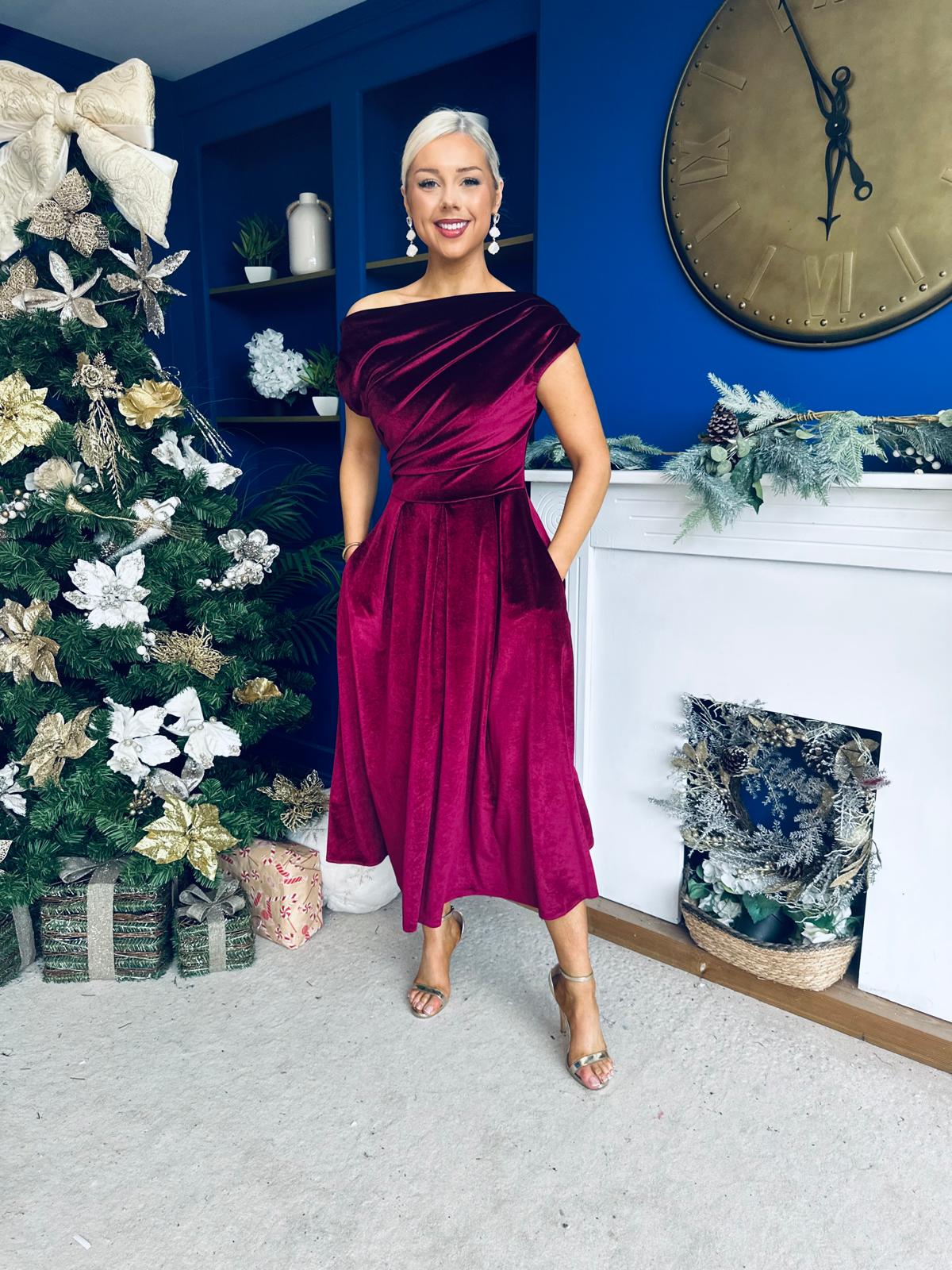 Breffy Asymmetric Neckline Skater Midi Wine Velvet