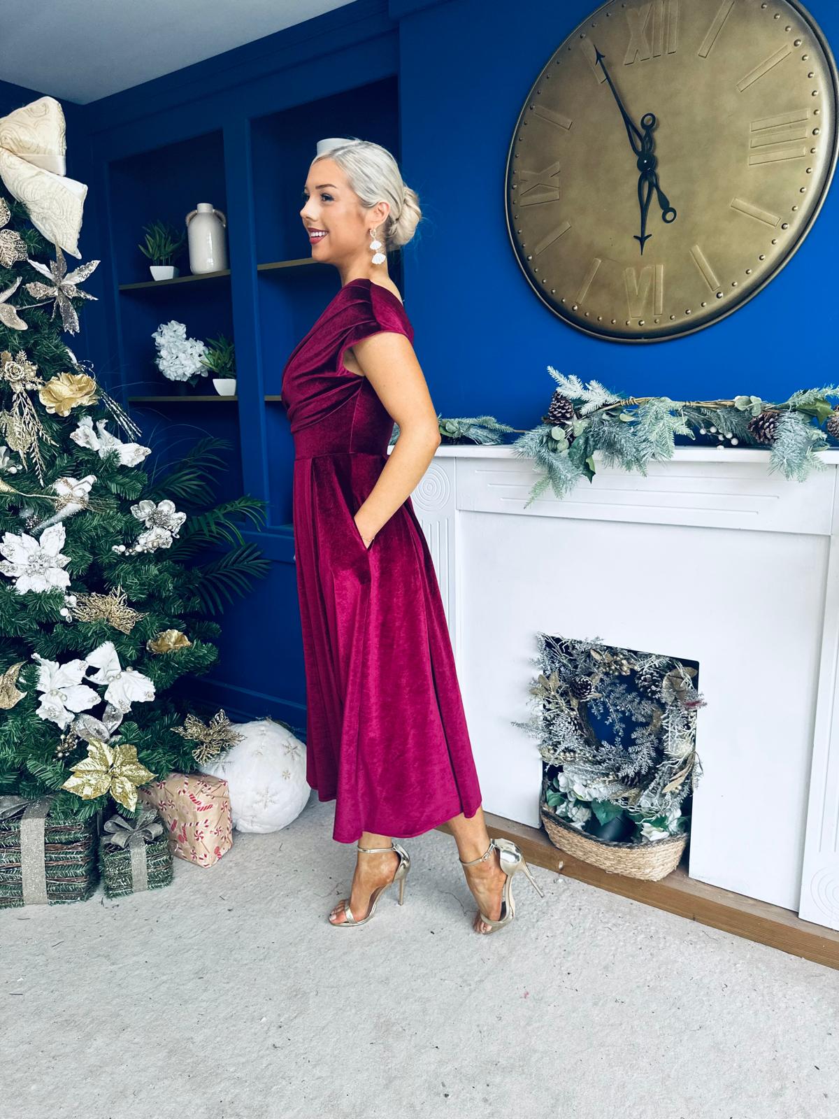 Breffy Asymmetric Neckline Skater Midi Wine Velvet