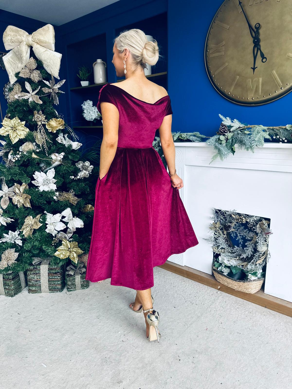 Breffy Asymmetric Neckline Skater Midi Wine Velvet