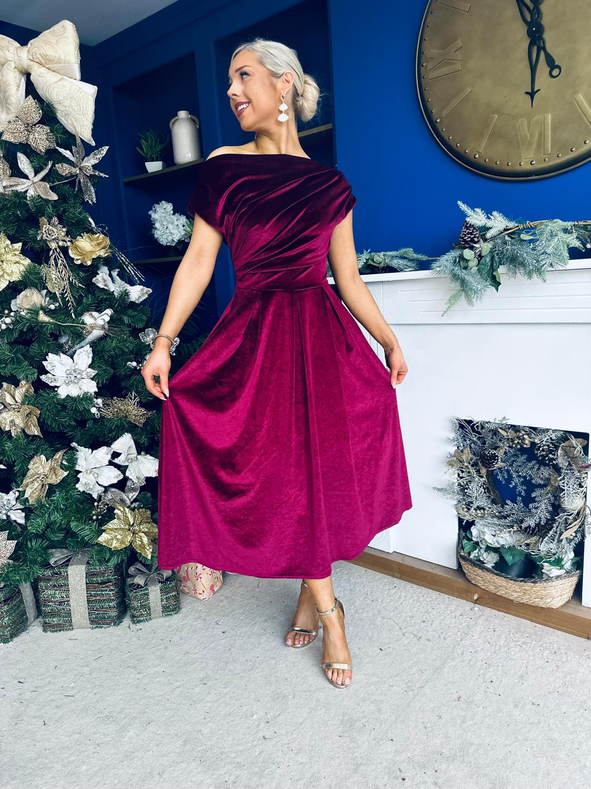 Breffy Asymmetric Neckline Skater Midi Wine Velvet