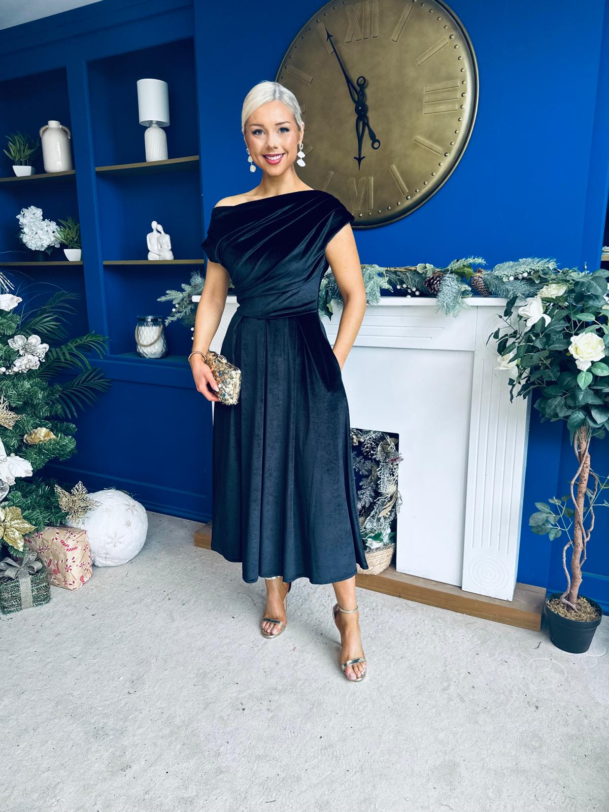 Breffy Asymmetric Neckline Skater Midi Black Velvet