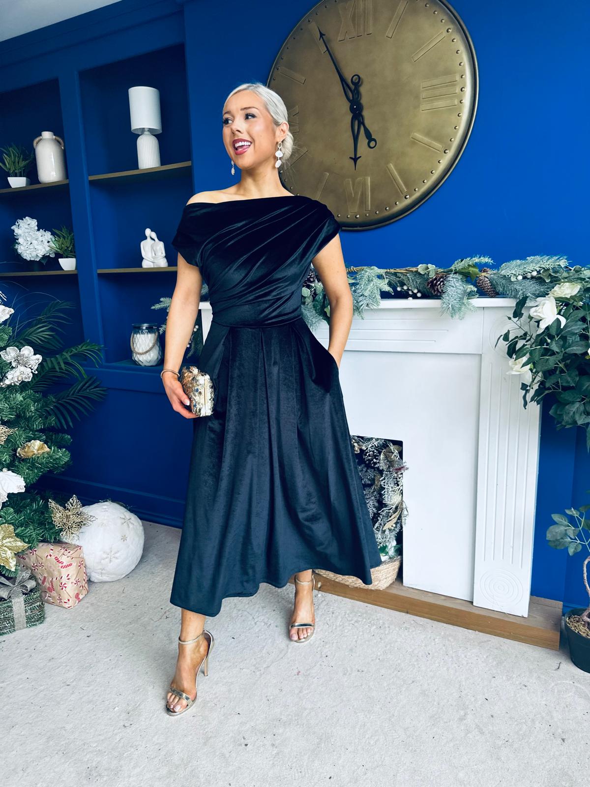 Breffy Asymmetric Neckline Skater Midi Black Velvet