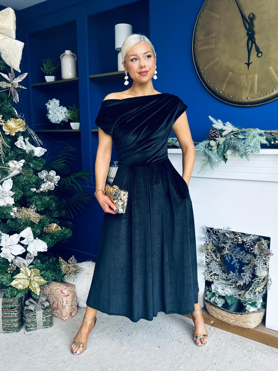 Breffy Asymmetric Neckline Skater Midi Black Velvet