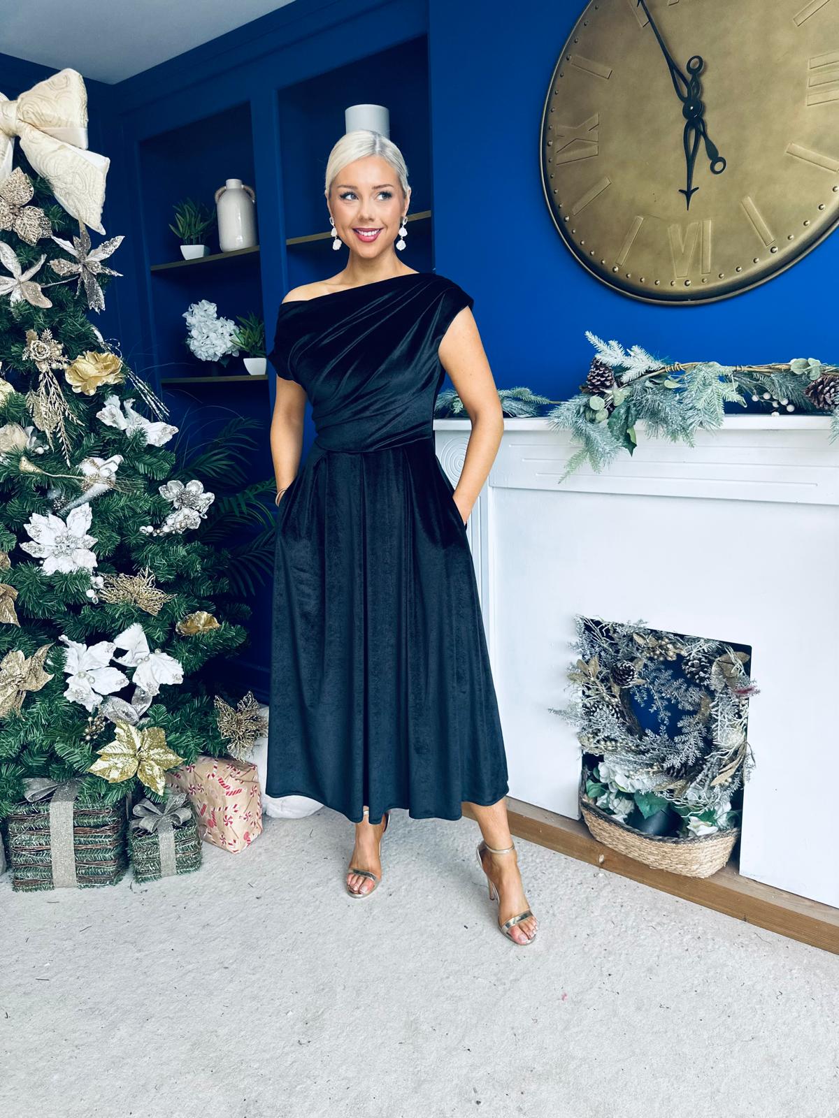Breffy Asymmetric Neckline Skater Midi Black Velvet