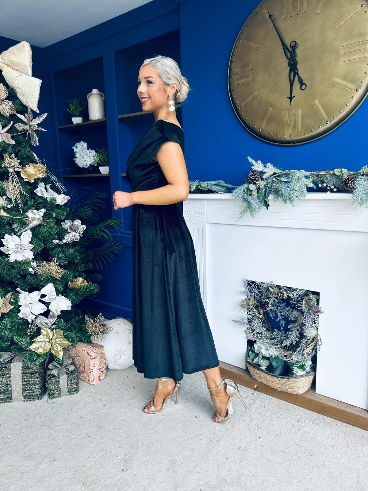 Breffy Asymmetric Neckline Skater Midi Black Velvet