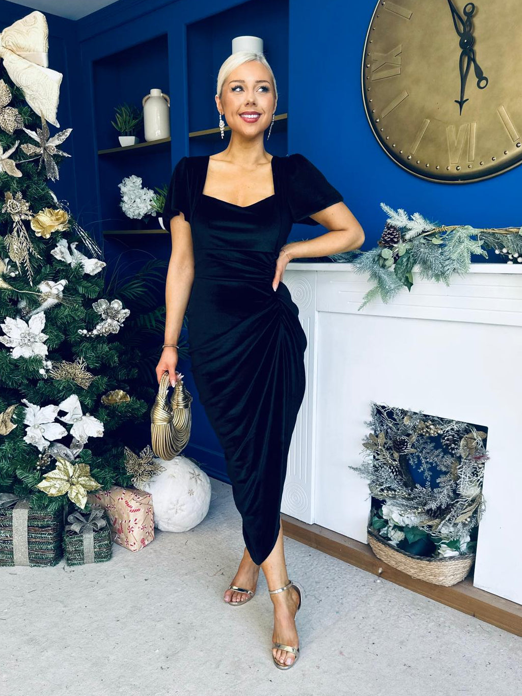 Saoirse Gathered Detail Velvet Occasion Dress Black